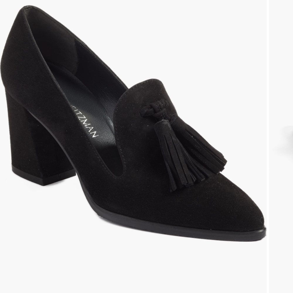 NWOT Stuart Weitzman sz 10 Black Suede Murphy Tassel Block Heel Loafer Pumps